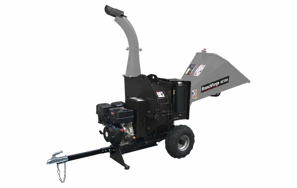 BranchForge HC15H Towable Wood Chipper — Road-towable 15 hp petrol chipper with hydraulic feed — tows behind a car, starts on a key.